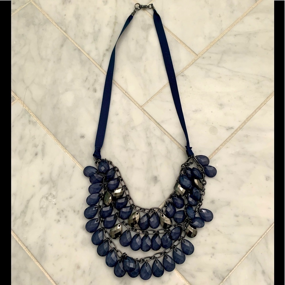 𝅺JCREW NAVY BEADED 3-tier necklace w/ ribbon n metal … one size